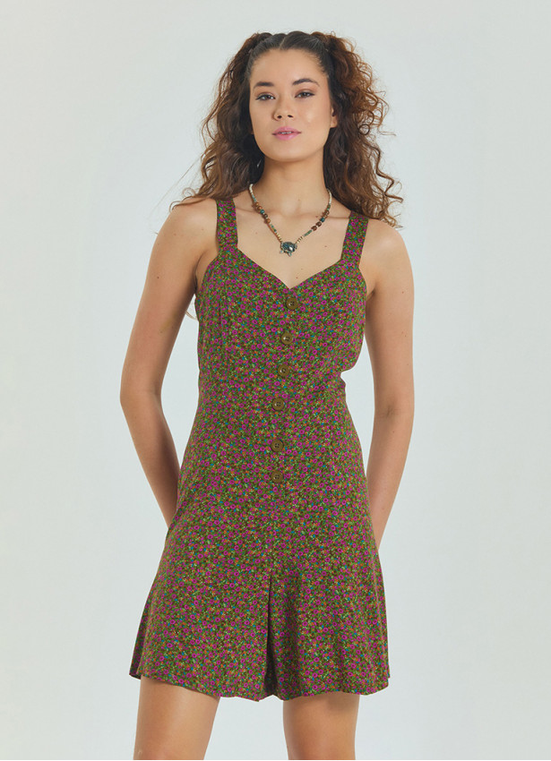 Thin Strap Button Detailed Green Bohemian Jumpsuit 4569